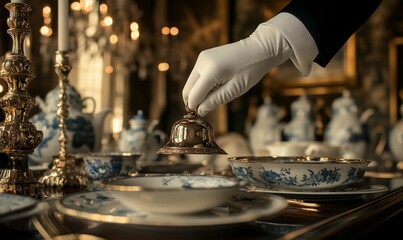 A gloved hand rings a silver bell over fine china.