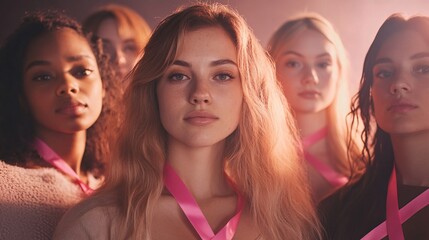 Fototapeta premium A diverse group of young women standing together, symbolizing unity and empowerment. Soft lighting enhances their expressions and the atmosphere.