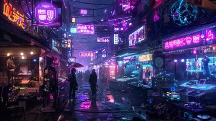 Obraz premium Cyberpunk street food vendor under neon lights