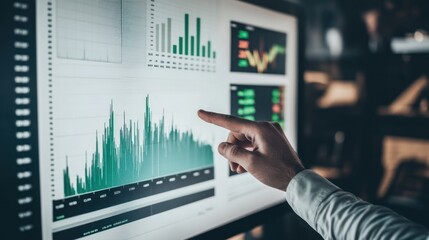 A hand points to a green line graph on a computer monitor with other graphs and charts in the background.
