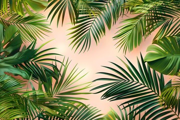 Fototapeta premium A bunch of green palm leaves on a pink background