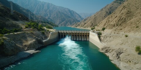 Water flows powerfully from the dam amidst breathtaking mountain landscapes and clear blue skies