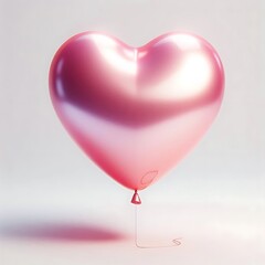 A pink, heart-shaped balloon with a glossy surface reflects light beautifully as it floats softly, with a thin string hanging below, set against a clean, plain white backdrop for a minimalistic look.

