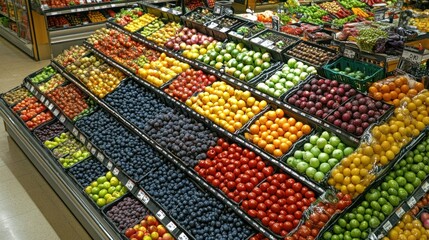 Obraz premium A colorful display of fresh fruits in a grocery store aisle.