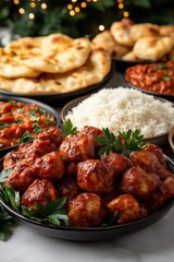 Delicious Indian feast with flavorful meatballs, rice, and naan bread decorated with fresh herbs
