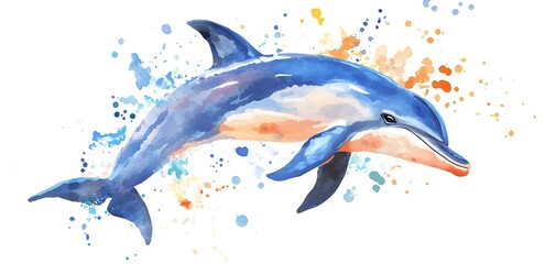 Watercolor painting of a dolphin jumping out of the water with splashes of paint around it.