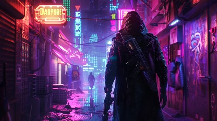 Futuristic bounty hunter in a cyberpunk alleyway
