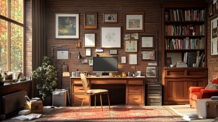 A cozy home office with a brick wall, a large window, a desk, a chair, a bookcase, a rug, and a plant.