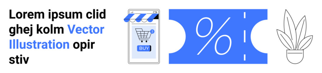 A blue and white vector of a smartphone with a shopping cart icon, a discount coupon symbol, and a plant. Ideal for online shopping, e-commerce, discounts, promotions, mobile apps. Banner for landing