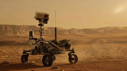 Robot explorer investigating an alien landscape