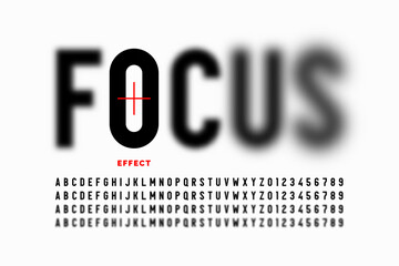 Focus. Font design with blurred letters, alphabet and numbers vector illustration