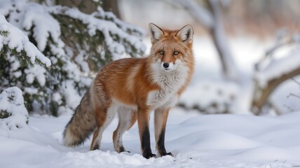 A majestic red fox standing in snow with a winter coat and bright eyes in a snowy landscape