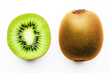 Kiwi fruit is cut in half. The inside of the fruit is green and has black seeds, clean food.