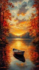 solitary boat gliding across a tranquil lake in autumn surrounded by vibrant foliage reflecting on the waters surface with an expansive sky creating a sense of vastness and calm