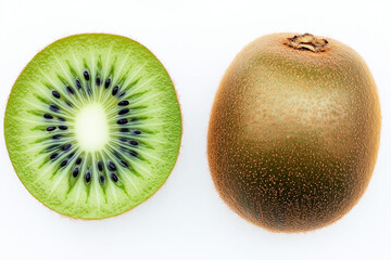 Kiwi fruit is cut in half. The inside of the fruit is green and has black seeds, clean food.