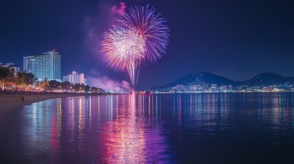 A picturesque view of fireworks erupting over the famous Pattaya Bay, creating a stunning visual spectacle for onlookers