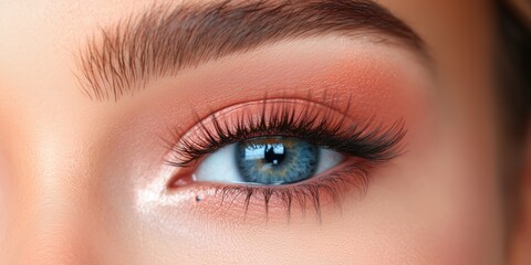 Naklejka premium Captivating beauty of a blue eye highlighted by soft makeup at golden hour close-up