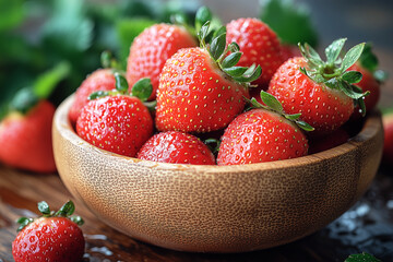 Bowl of strawberries with a few on the table. The bowl is wooden and filled with red strawberries, clean food.