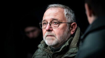 Obraz premium Thief, cheat, stalker, robber A mature man wearing glasses shows a contemplative expression in a dimly lit setting. The portrait captures emotions and a strong sense of character.