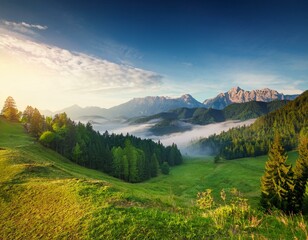 Wonderful Sunny Landscape of Dolomite Alps. St Johann Church, Santa Maddalena