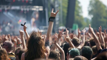 Rock festival crowd under a sunset sky