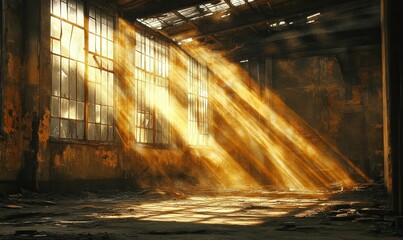Fototapeta premium Sunbeams through windows illuminate a derelict factory.