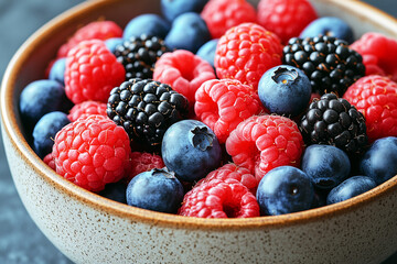 Bowl of mixed berries including blueberries and raspberries. The bowl is on a table, clean food.