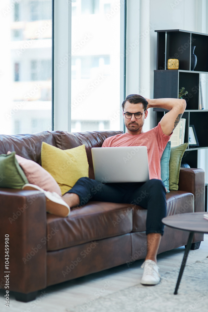 Aufkleber Couch, laptop and remote work with thinking, email and creative web design for company homepage. Freelancer, working and technology with content creation and ux update for search engine optimization