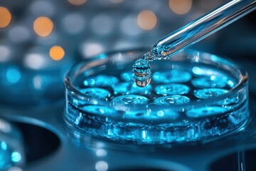 Close-up of a pipette delivering a droplet into a blue solution in a laboratory setting