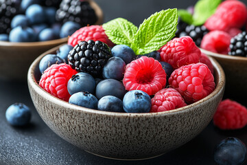 Bowl of mixed berries including blueberries and raspberries. The bowl is on a table, clean food.