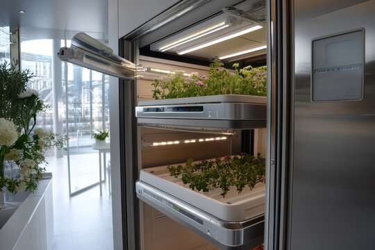 A smart indoor garden with automated lighting nurturing herbs, housed within a sleek futuristic kitchen setting, blending nature with technology harmoniously.