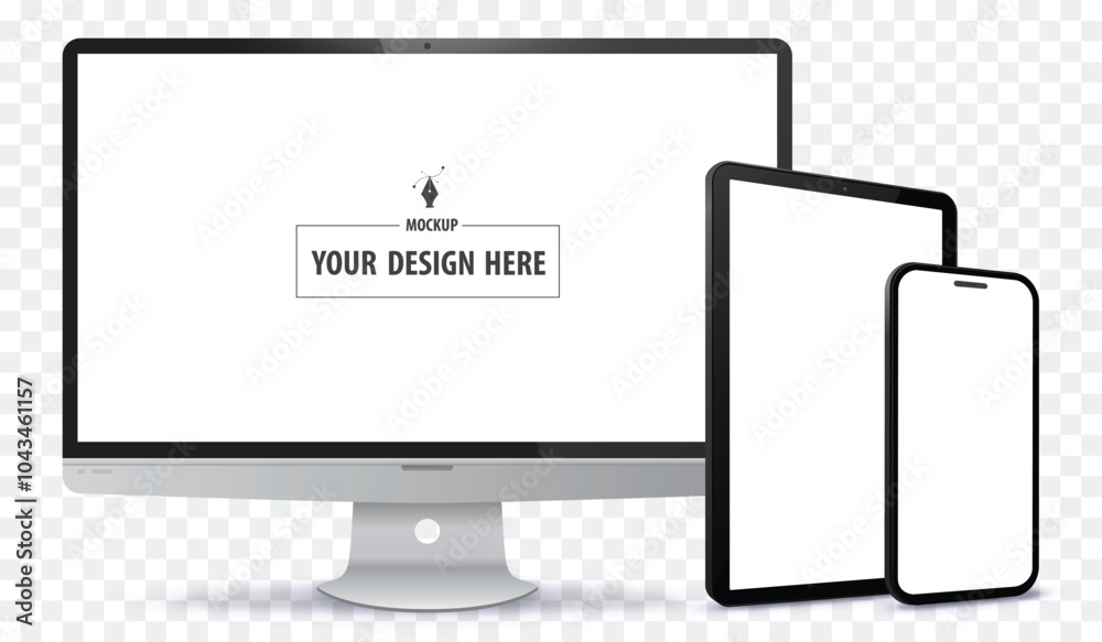 Poster desktop computer, tablet pc and mobile phone screen perspective view mockup. digital devices templat