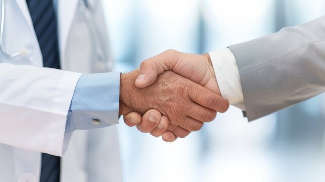 A healthcare professional and a business partner shake hands to signify a collaborative agreement in a modern medical facility