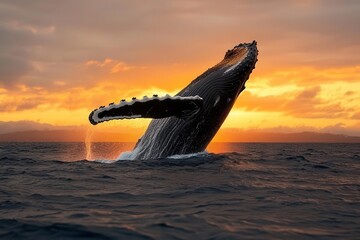 Fototapeta premium Humpback whale breaching under golden sunset, ocean splashes in vibrant colors, dynamic movement, nature s elegance