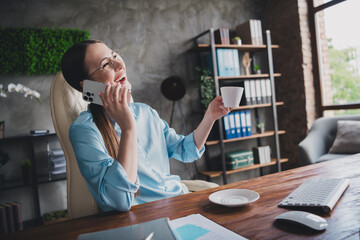 Photo of positive good mood lady specialist dressed shirt laughing enjoying beverage listening...