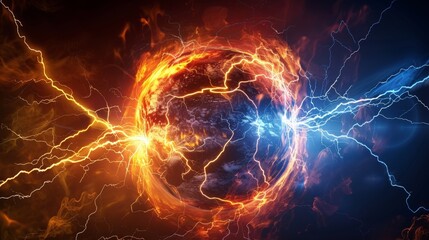 A dramatic clash of fiery and icy elements surrounding a glowing Earth during a cosmic event, showcasing nature's contrasting forces