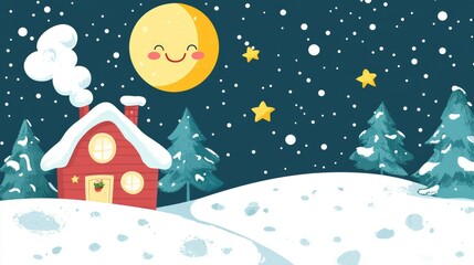 Naklejka premium Cozy red cottage with snow-covered roof under smiling moon and falling snowflakes, winter wonderland concept