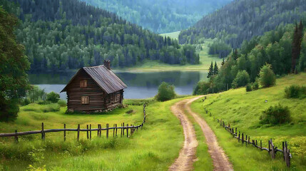 Fototapeta premium Wooden house, wallpaper, the nature surrounding the residence creates a comfortable environment.