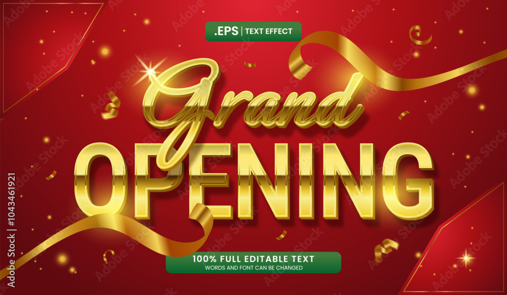 Wall mural gold grand opening text effect with ribbons and confetti on red background. editable 3d text effect 