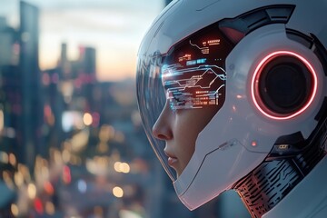 Fototapeta premium Futuristic helmet with a digital interface showcasing technological innovation and smart design set against a vibrant urban skyline backdrop.