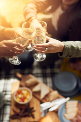 Friends, picnic and hands cheers with alcohol on holiday, vacation and adventure outdoors. Lens flare, happy and men and women toast with drinks for social gathering, celebration and fun on weekend