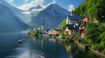 Fototapeta premium A quaint town with a beautiful lake and majestic mountains