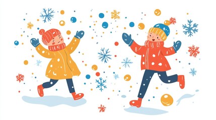 Joyful children playing in colorful winter snowflakes outdoors, winter fun concept