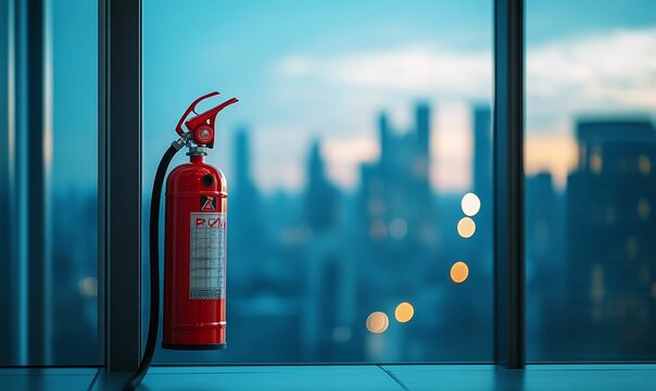 Red fire extinguisher in front of city window.