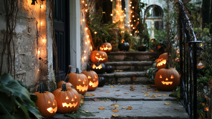Obraz premium Sustainable Halloween decorations made from biodegradable materials, displayed in a festive home with pumpkins and eco-friendly lighting