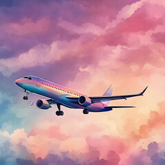 Fototapeta premium Watercolor seamless pattern of a sky with the shadow of an airplane passing by in the evening.