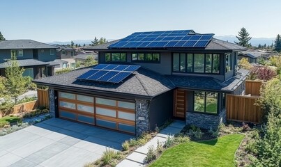 Fototapeta premium Modern home with solar panels and a large yard.