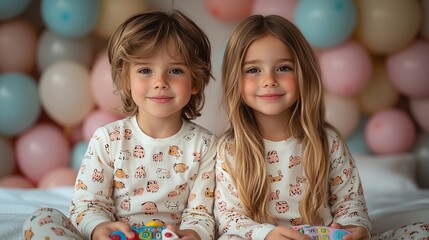 Adorable Siblings in Matching Pajamas 