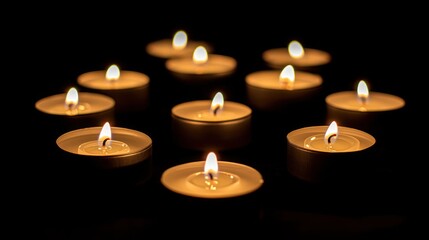 Ten burning tea lights on a black background.