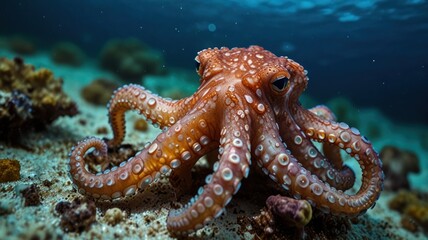 A close-up of an octopus with large, round eyes, resting on a sandy seabed with coral in the background.